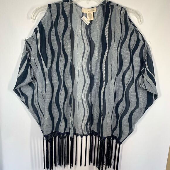 One Urban Day Womens Fringe Hem Open Sleeve Swim Cover Navy White Size Large NWT - Picture 1 of 6